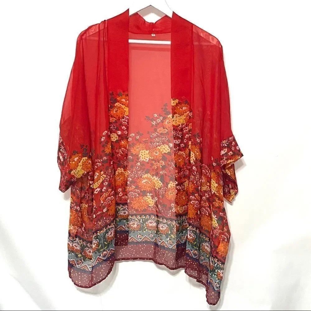 Kimono fall mums flowers short sleeve small red